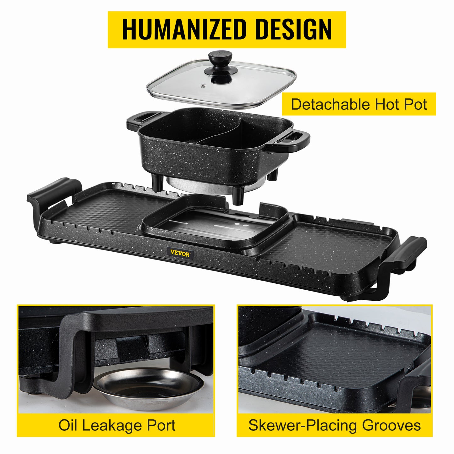 VEVOR 2 in 1 Electric BBQ Pan Grill Hot Pot 2400W Multifunction Home Portable Smokeless Nonstick Detachable Barbecue Plate