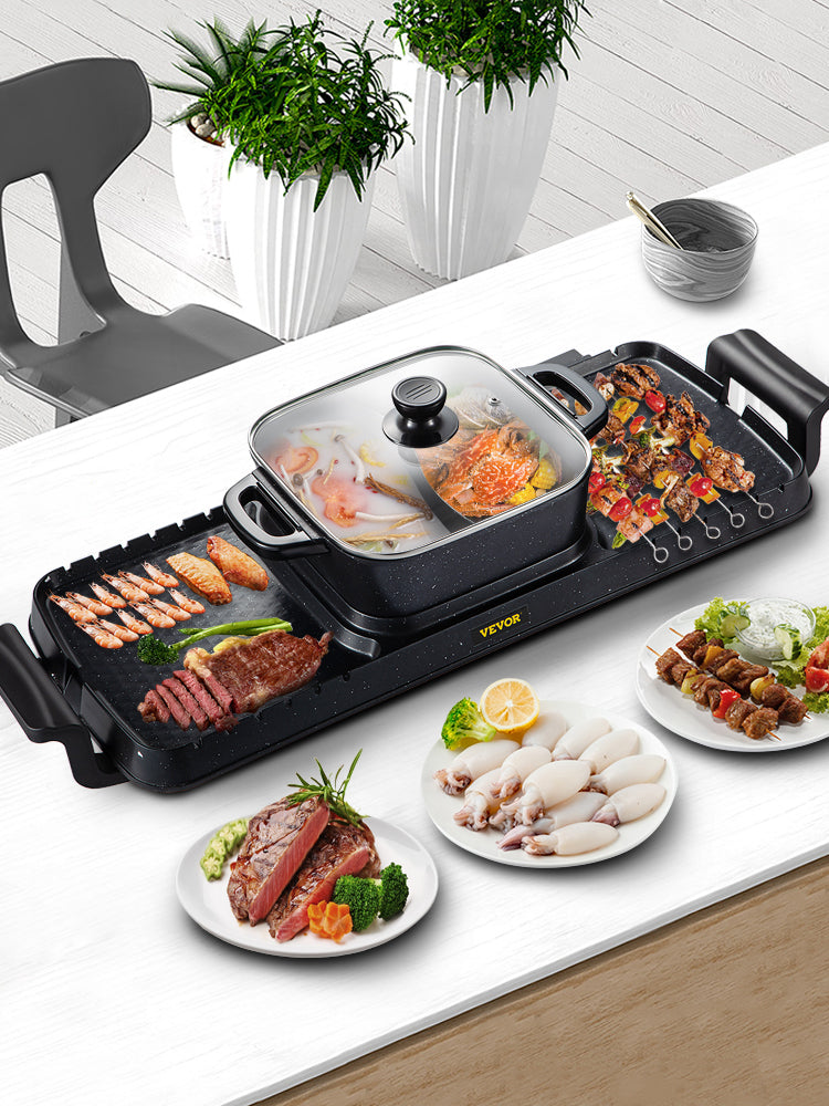 VEVOR 2 in 1 Electric BBQ Pan Grill Hot Pot 2400W Multifunction Home Portable Smokeless Nonstick Detachable Barbecue Plate