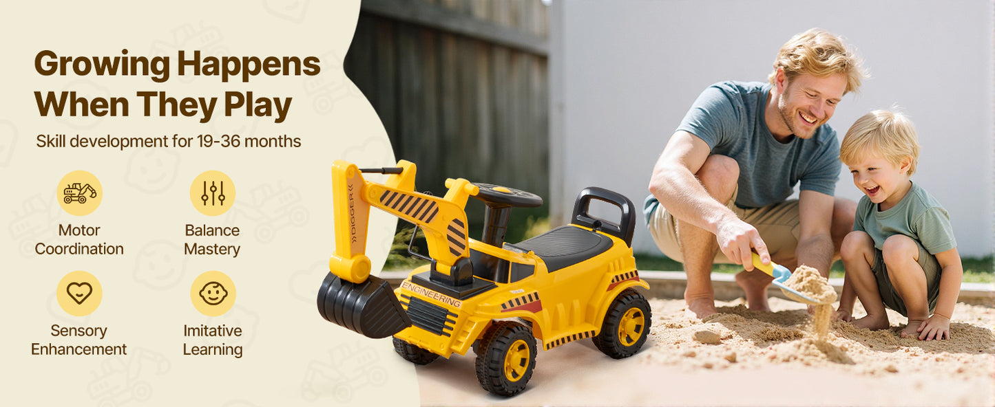 SucceBuy Excavator Digger Ride On Toy For Kids With Helmet And Music