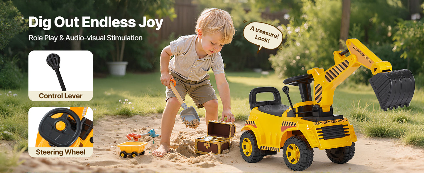 SucceBuy Excavator Digger Ride On Toy For Kids With Helmet And Music