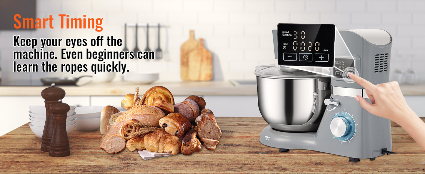 SucceBuy Electric Dough Mixer Stand Mixer with 6 Speeds LCD Touch Screen Timing 5.8 Quart Stainless Steel Bowl Dough Hook Flat Beater
