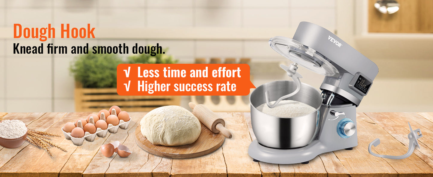 SucceBuy Electric Dough Mixer Stand Mixer with 6 Speeds LCD Touch Screen Timing 5.8 Quart Stainless Steel Bowl Dough Hook Flat Beater