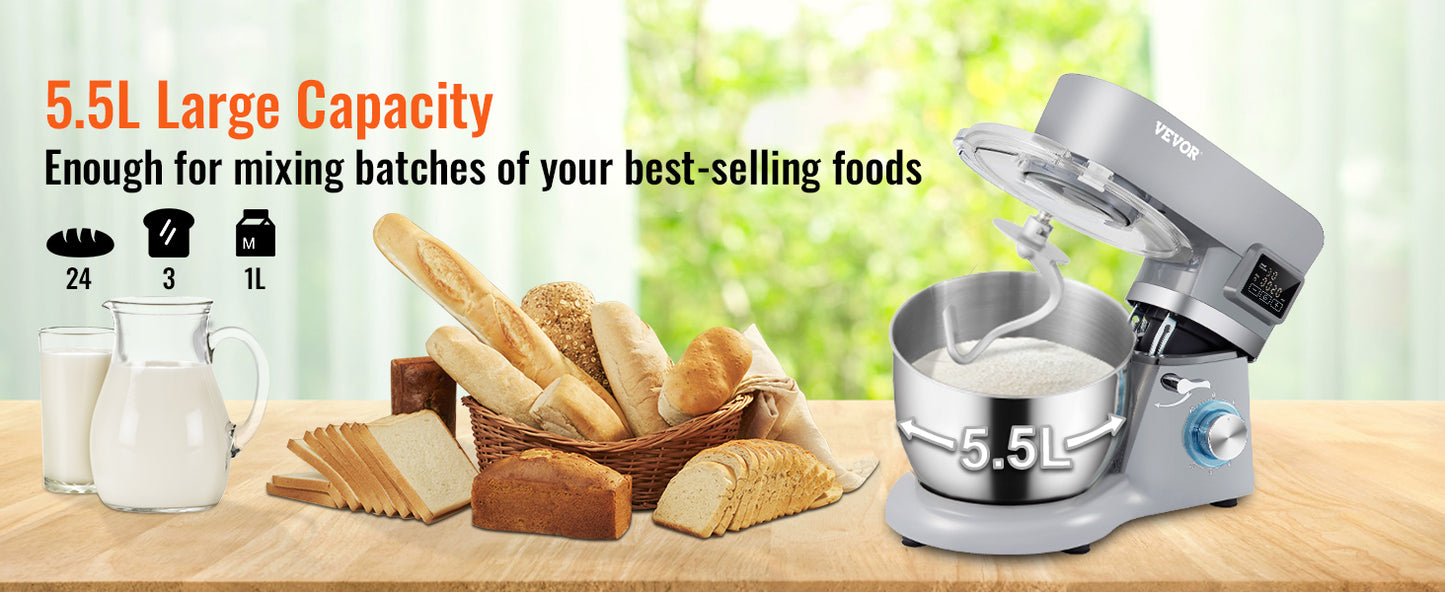 SucceBuy Electric Dough Mixer Stand Mixer with 6 Speeds LCD Touch Screen Timing 5.8 Quart Stainless Steel Bowl Dough Hook Flat Beater
