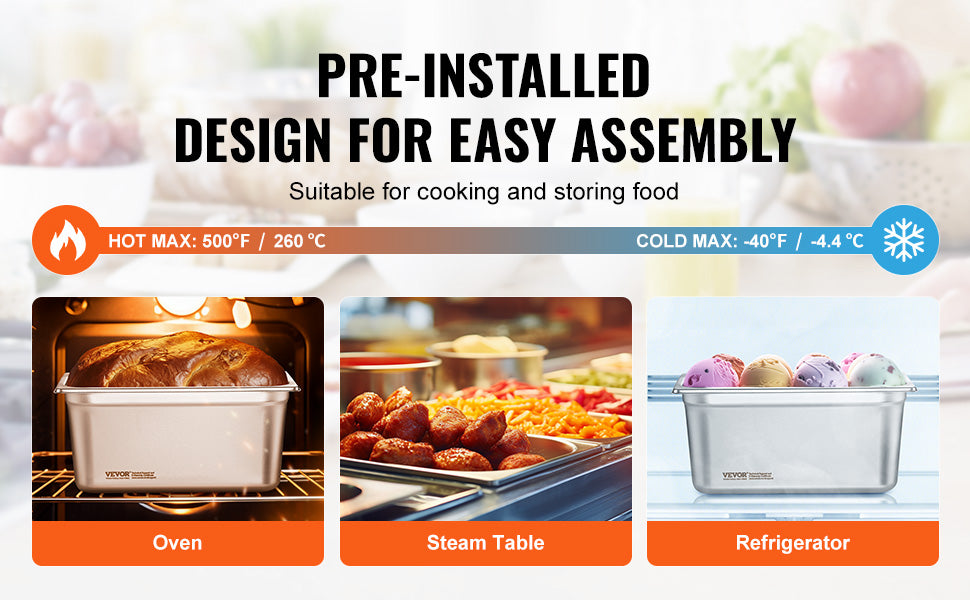 VEVOR 8 Pack Buffet Chafing Dishes 5.93L Stainless Steel Steam Table Pans with Lid 6 Inch Deep Catering Food Pan